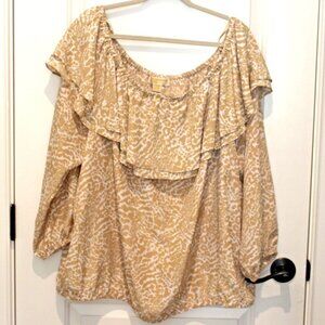 Michael Michael Kors Women’s Size 3X Off-Shoulder Ruffle Top Khaki White Ocelot